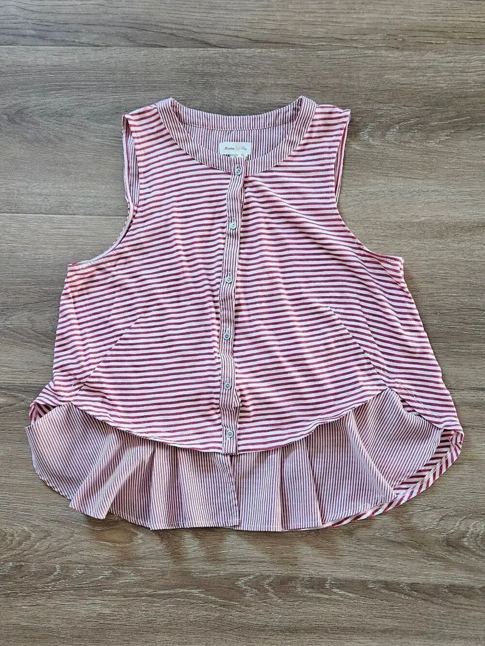 Meadow Rue Red and White Striped Button-Front Ruffle-Hem Tank Top Size M